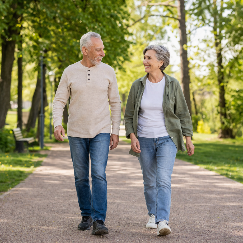 cuándo consultar por osteoporosis pareja mayor caminando en parque salud ósea