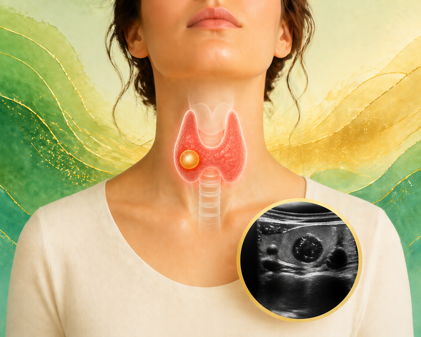 Imagen médica de nódulo tiroideo con ilustración del tiroides y ecografía