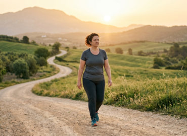 efecto-rebote-glp1-obesidad-cronica.jpg Mujer con sobrepeso caminando por un sendero largo hacia el horizonte, representando el tratamiento crónico de la obesidad y cómo evitar el efecto rebote GLP-1.
