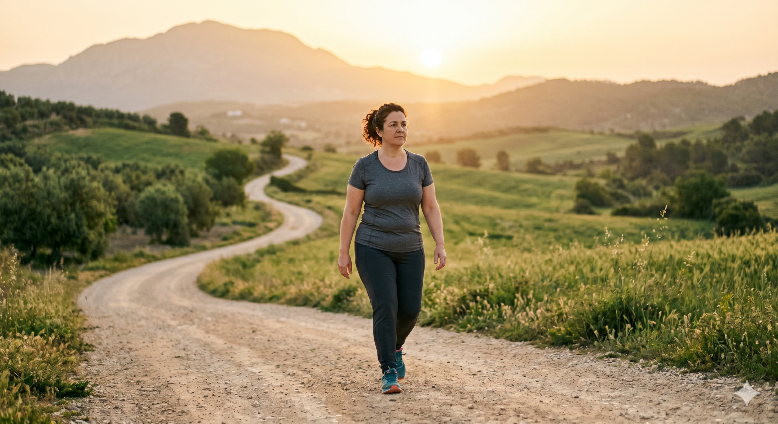 Mujer con sobrepeso caminando por un sendero largo hacia el horizonte, representando el tratamiento crónico de la obesidad y cómo evitar el efecto rebote GLP-1.